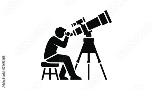 Man looking through a telescope isolated on white background