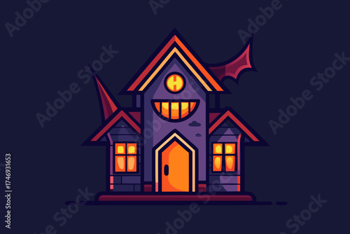 spooky house icon leaning walls glowing night silhouette,