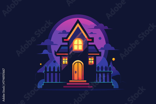 spooky manor with fence silhouette glowing night scene,