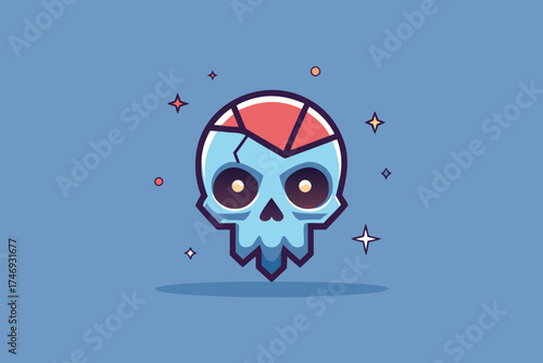 tilted skull with cracks along the forehead spooky style,