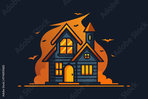 two story spooky cabin with crooked chimney orange light,