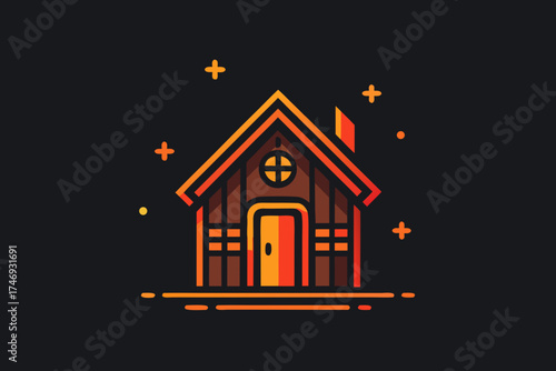 spooky hut icon tilted roof neon orange halloween design,