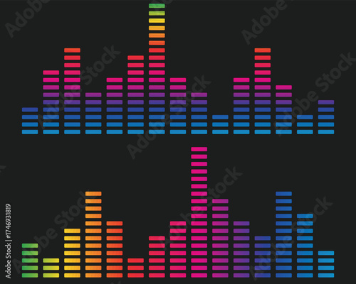 Vibrant neon equalizer bars on dark background showing colorful sound wave levels, perfect for music visualizer themes, DJ graphics, digital audio backgrounds, and party poster designs.