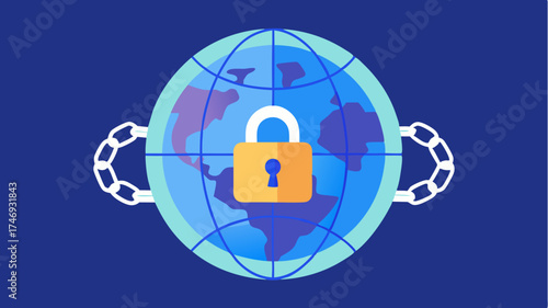 A globe surrounded by a lock and chains showcasing global cybersecurity measures and data safety.