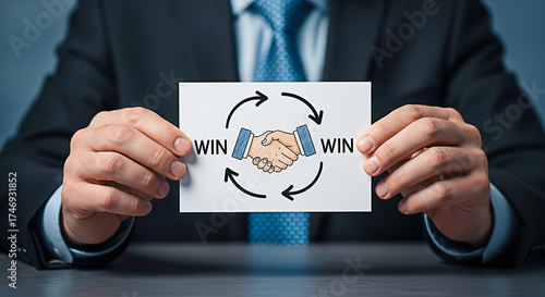 Businessman presents winwin strategy with handshake graphic for successful partnerships and mutual benefits in business negotiations and agreements