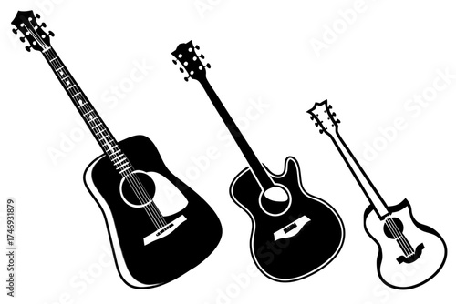 Acoustic guitars vector art black and white illustration musical instrument stringed guitar silhouette drawing