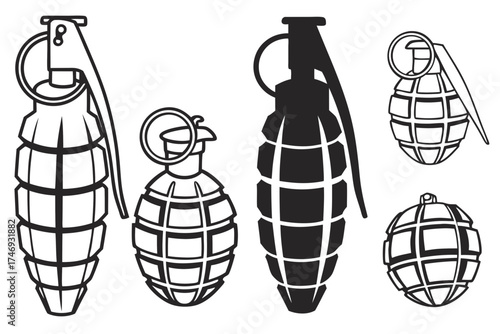 Grenade vector illustration collection of hand grenades and bomb clip art for military and war design silhouette