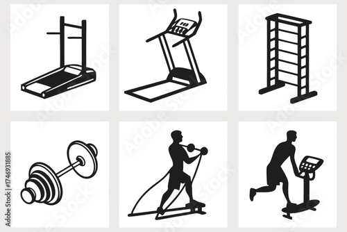 Fitness equipment vector set treadmill weightlifting machine gym workout exercise training equipment illustration silhouette