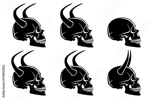 Black skull devil horns vector illustration halloween spooky graphic design element clip art silhouette artwork