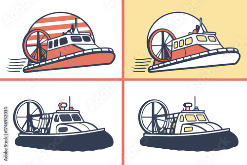 Explore hovercraft illustrations showcasing different color schemes and design variations for transportation art silhouette