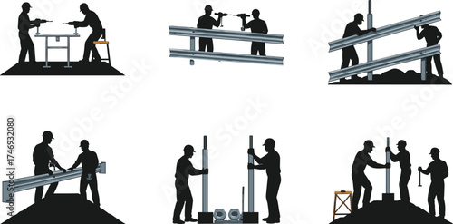 Construction workers assembling metal beams, drilling, measuring, securing columns, teamwork, structural installation, precision tools, industrial site, safety gear, engineering