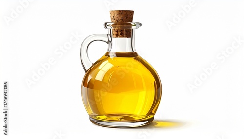 A realistic glass olive oil bottle with cork stopper and golden liquid isolated on white background
