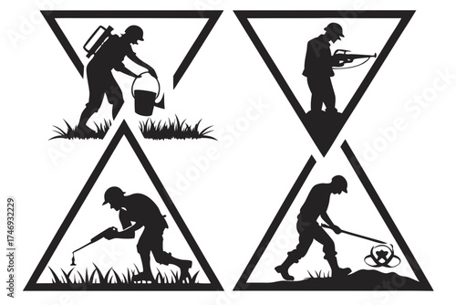 Pest control services vector art featuring exterminators spraying and treating lawn and garden pest control silhouette