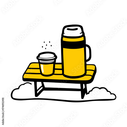Beverage containers on yellow table with steaming cups  