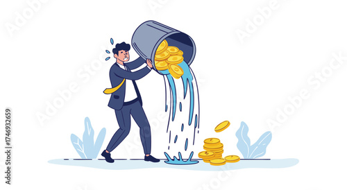 A businessman is spilling money from a bucket.

