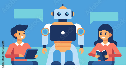 An educational setting featuring students engaged with AIpowered robots in interactive lectures demonstrating the role of robotics in enhancing learning and engagement.