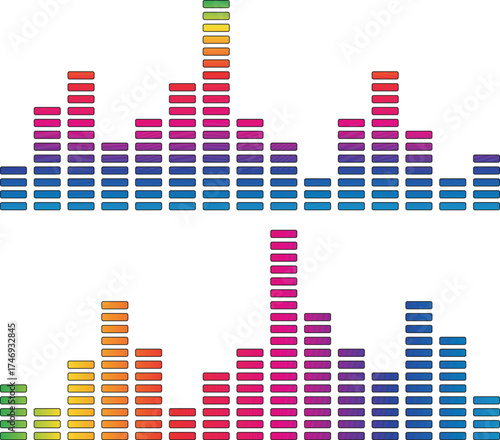 Colorful equalizer sound wave bars on white background showing vibrant audio spectrum levels, ideal for music design, DJ graphics, sound visualizer, digital beat, and studio poster artwork.
