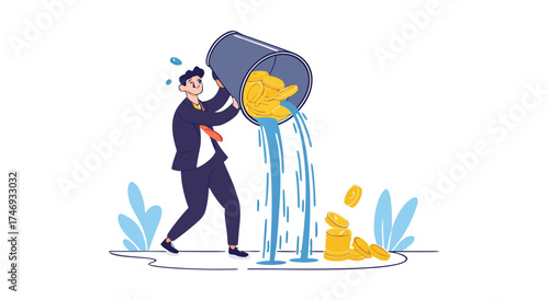 A businessman is spilling money from a bucket.

