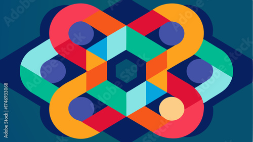 A geometric pattern that symbolizes collaboration featuring interlocking shapes and vibrant colors to represent the blending of different design styles.