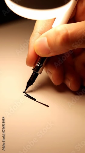 Close-up of a hand holding a fountain pen poised to write on a blank sheet of paper under warm light.
