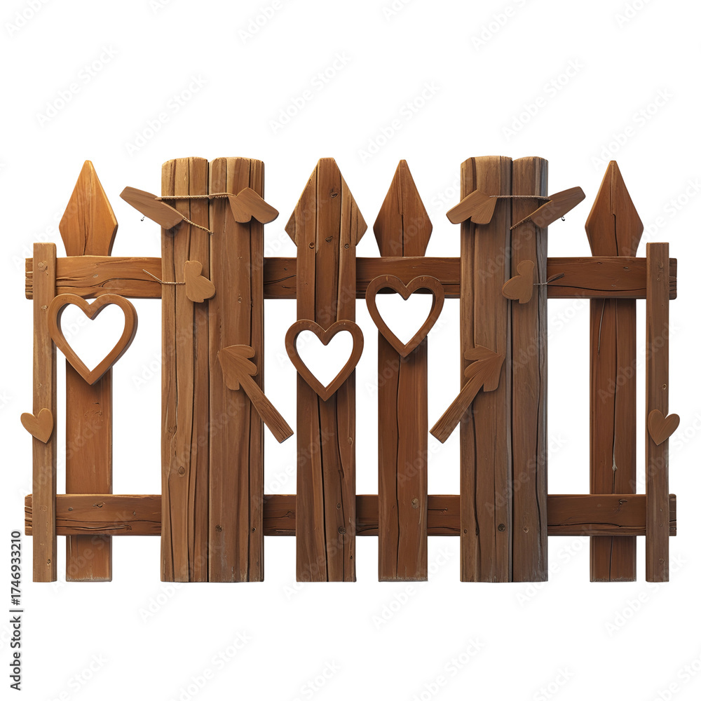 Obraz premium 3D icon of a wooden fence with arrow-shaped planks, realistic texture, clean white background, Generative AI