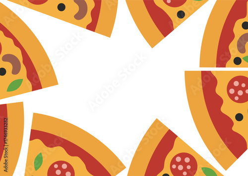 Pizza slices with various toppings arranged as a border on a white background. Delicious fast food creative design with copy space for menu or invitation card.