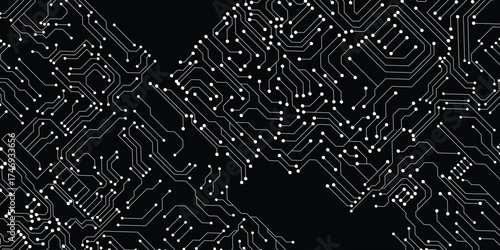 Minimalistic technology background. White circuit lines and electronics elements on black backdrop. Digital circuit board with electronic system for hi-tech banner design. Vector illustration.