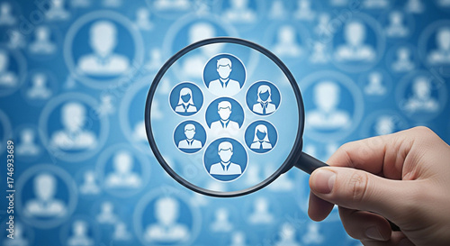 Hand holding magnifying glass over team icons for recruitment and human resources on blue background showing talent acquisition and employee search