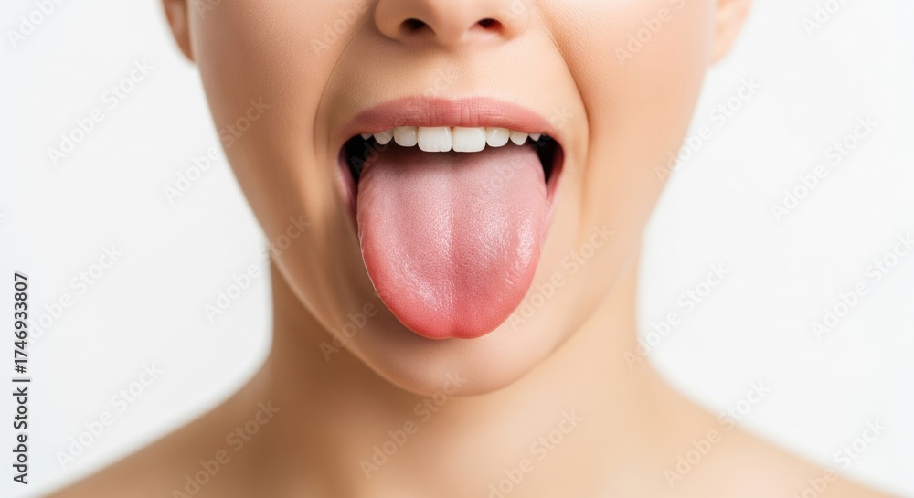 Obraz premium Close-Up of Woman Showing Tongue Oral Health and Medical Examination Concept