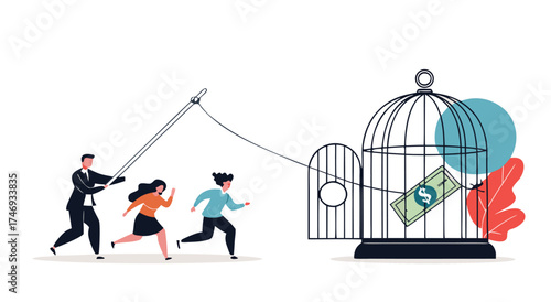 People chasing money inside a birdcage.

