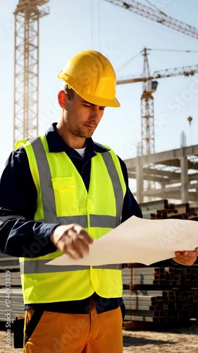 Construction worker wearing safety gear examines blueprints at an active building site with cranes and steel beams.