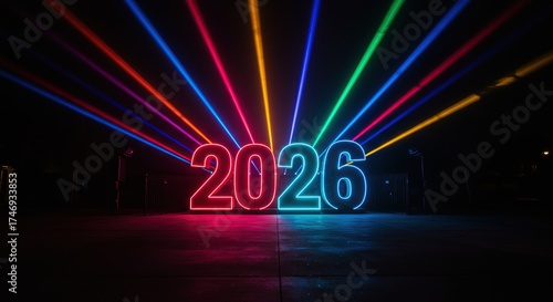 Bright Neon 2026 Numbers Illuminated by Colorful Laser Light Beams.