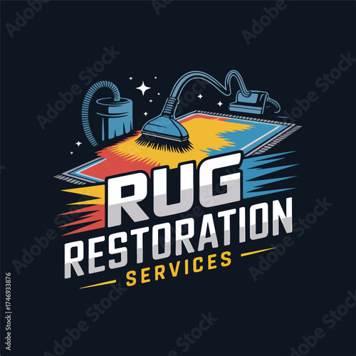 Rug Restoration Services Logo with Cleaning Equipment | Professional Carpet Cleaning and Repair Advertisement