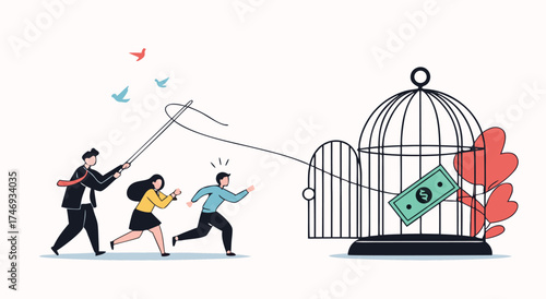 People chasing money inside a birdcage.


