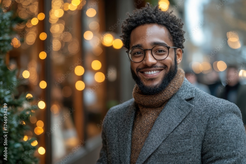 Obraz premium Man with glasses and beard smiles at camera.