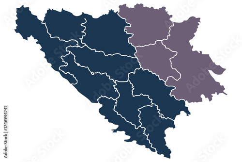 Illustrated map of bosnia and herzegovina showing internal borders and two distinct colored regions silhouette