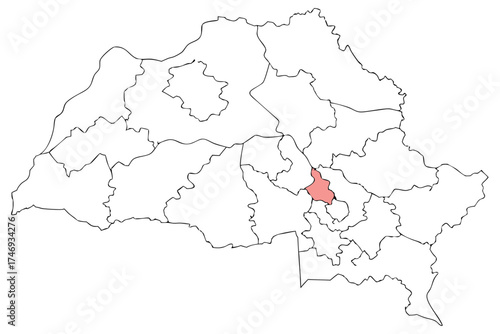 Outline map with administrative divisions and one highlighted region in a light pink color scheme shown silhouette