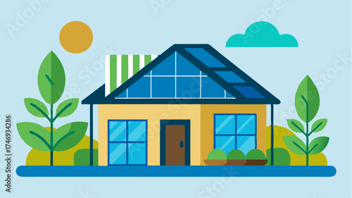 An ecofriendly house designed with renewable materials featuring solar panels a green roof and landscaped droughtresistant plants.