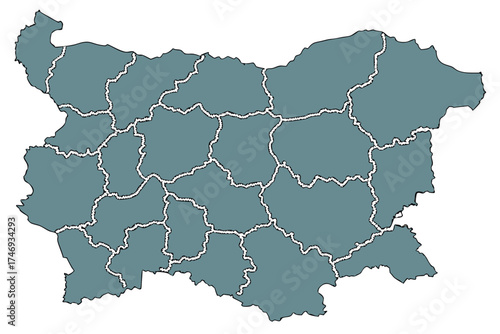 Detailed map of bulgaria showing the country divided into distinct regions with white borders on a white background silhouette