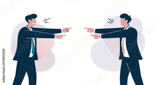 Two businessmen pointing fingers at each other in disagreement.

