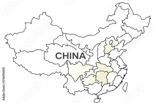 Outline map of china with internal divisions and the word china superimposed on the geographic area silhouette