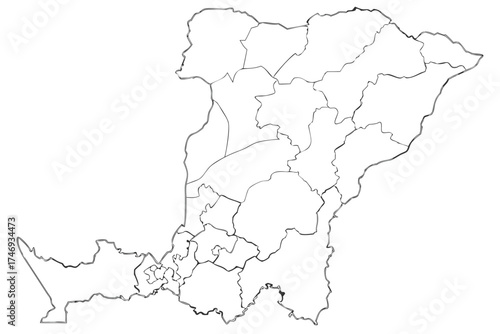 Outlined map showing regional divisions with distinct borders and complex shapes in a geographical layout silhouette