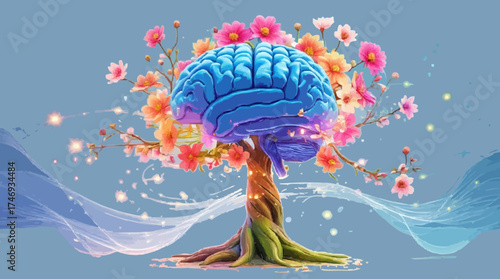 Human brain tree with flowers, self care and mental health concept, positive thinking, creative mind, Human brain tree with flowers, self care and mental health concept, positive generative AI vector
