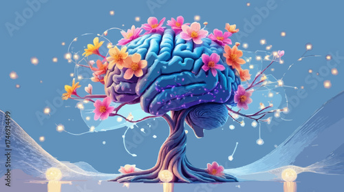 Human brain tree with flowers, self care and mental health concept, positive thinking, creative mind, Human brain tree with flowers, self care and mental health concept, positive generative AI vector
