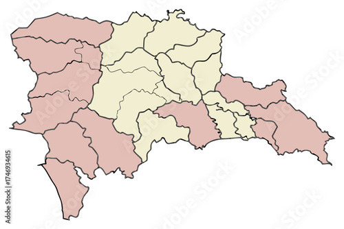 Illustration of a divided land area with light pink and cream colored regions and black border lines silhouette