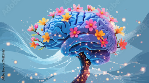 Human brain tree with flowers, self care and mental health concept, positive thinking, creative mind, Human brain tree with flowers, self care and mental health concept, positive generative AI vector
