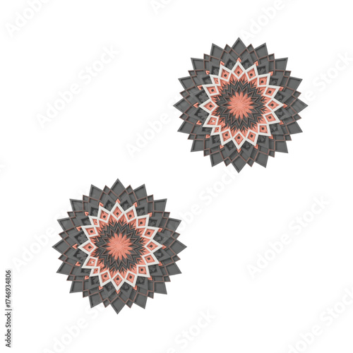 Two stunning 3D layered mandala designs with intricate geometric patterns in modern gray, coral, and white tones