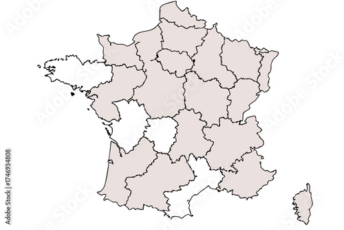 Detailed outline map of france with regions highlighted in light gray and black borders showing divisions silhouette
