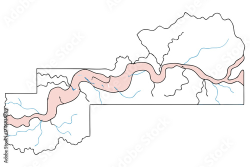 Illustration of a pink river flowing through a white outlined landmass with smaller blue streams around it silhouette