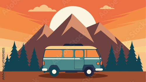 An illustration of a vintage travel van parked beside a picturesque mountain with trees and a sunset in the background.
